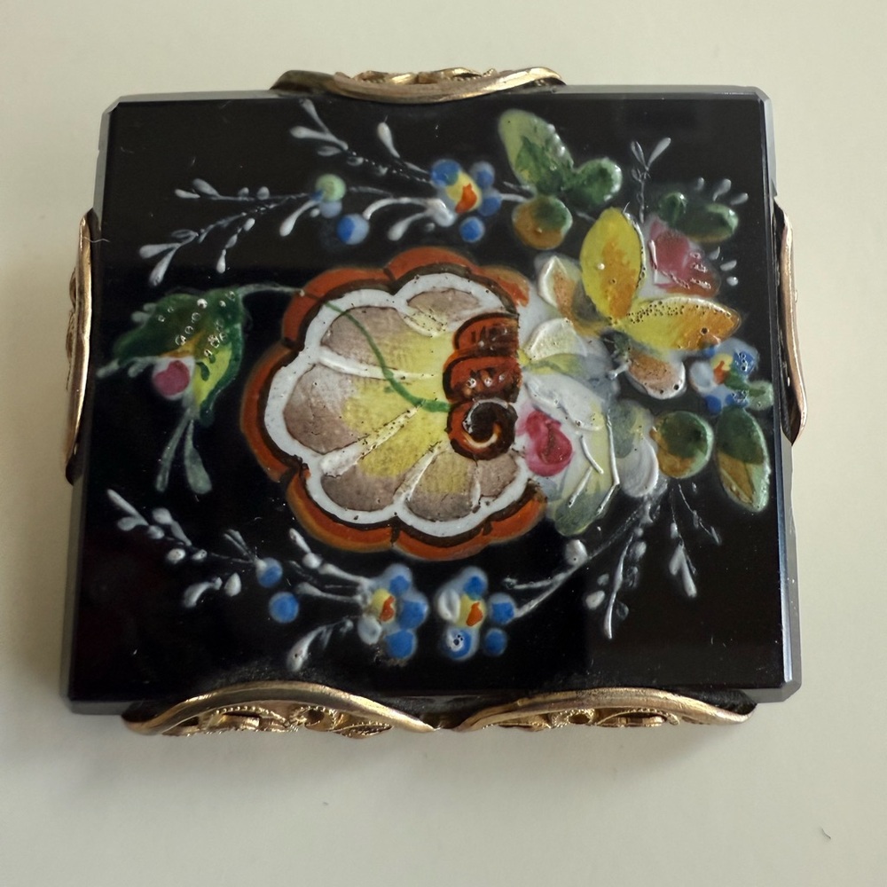 Floral Black and Gold antique hand painted brooch pin lapel